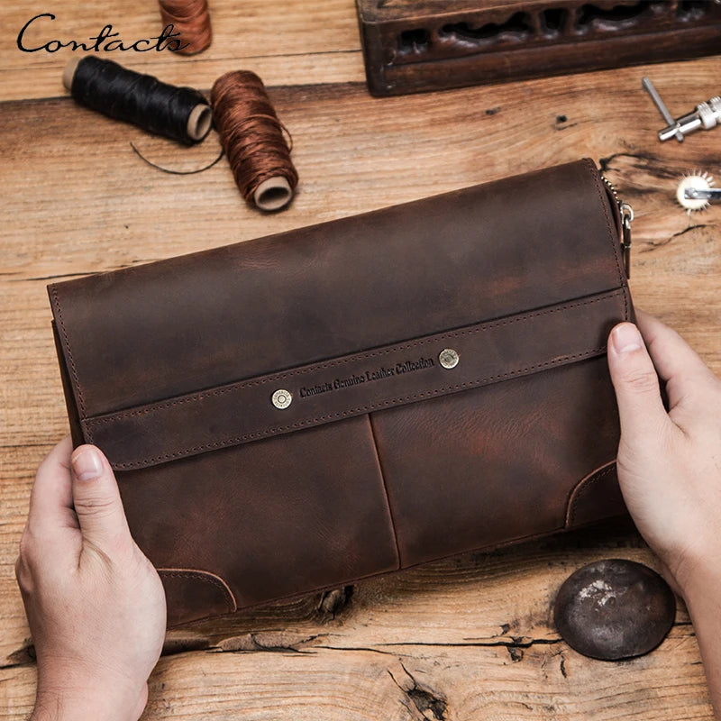 CONTACT'S Men's Genuine Leather Clutch Bags Long Luxury Man Handbag with Phone Pocket Card Holders Men's pouch