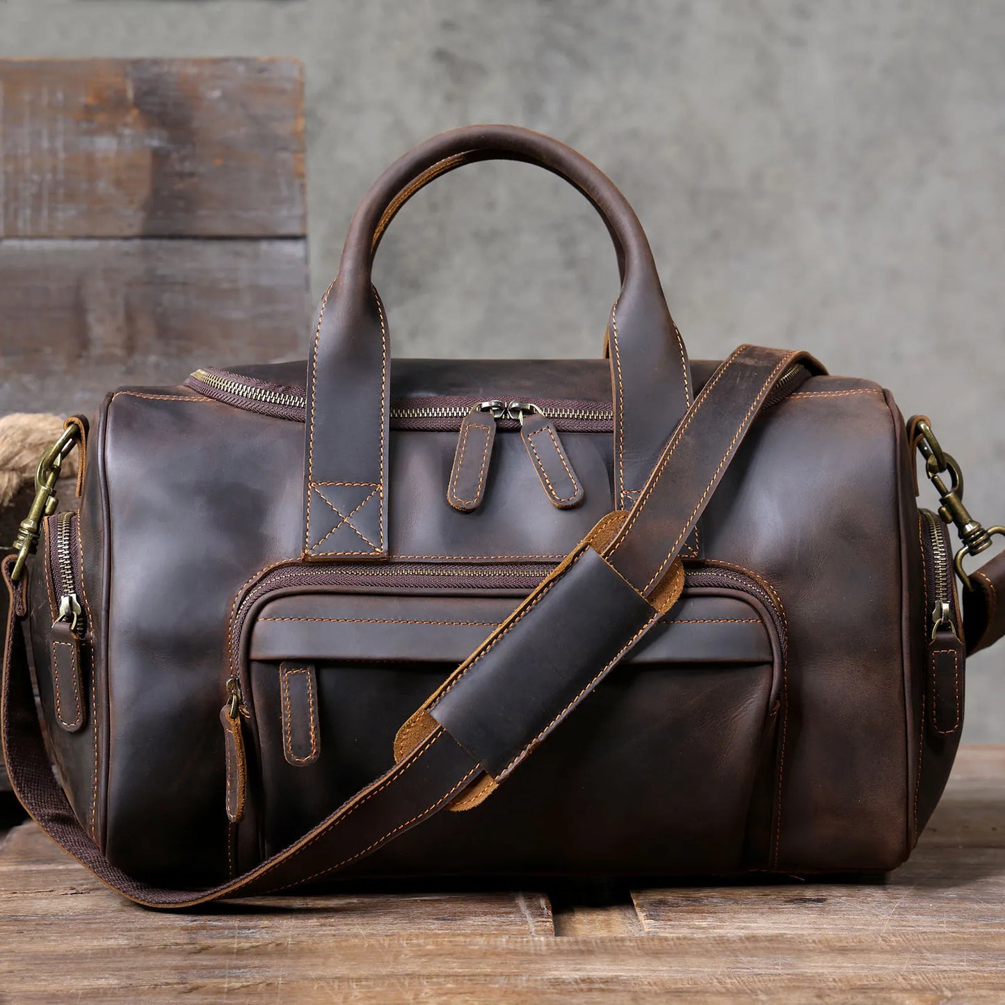 S.WORKER Vintage Genuine Leather Travel Bag Crazy Horse Cowhide Leather Duffel Bag Men's Weekender Bag Gym Bag Carry on Luggage