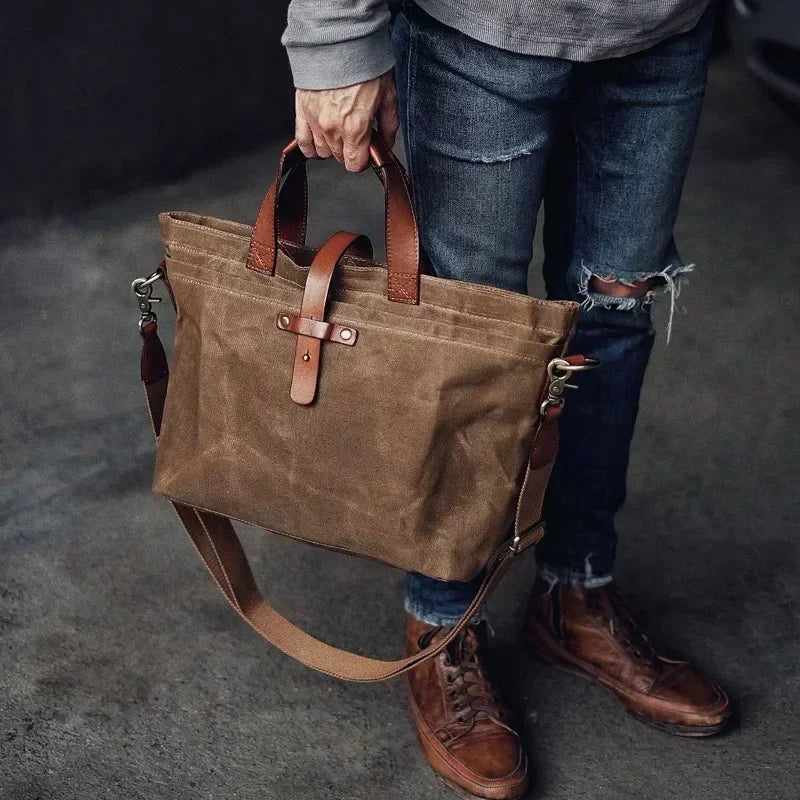 Thickened First-layer Cowhide Waterproof Waxed Canvas Men's Briefcase Retro Men's Bag Shoulder Crossbody Messenger Bag