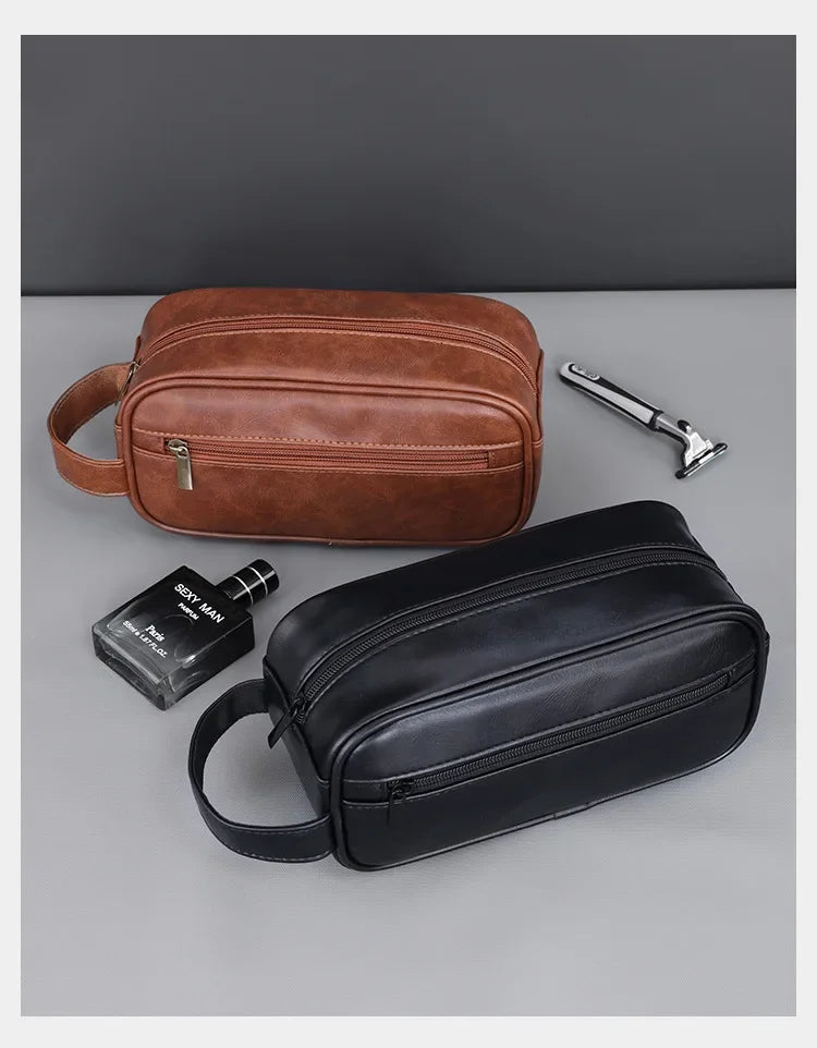 Men Leather Wash Bag Travel Business Trips Portable Cosmetic Bag Large Capacity Multi Pocket Design Handheld Leather Wash Bag