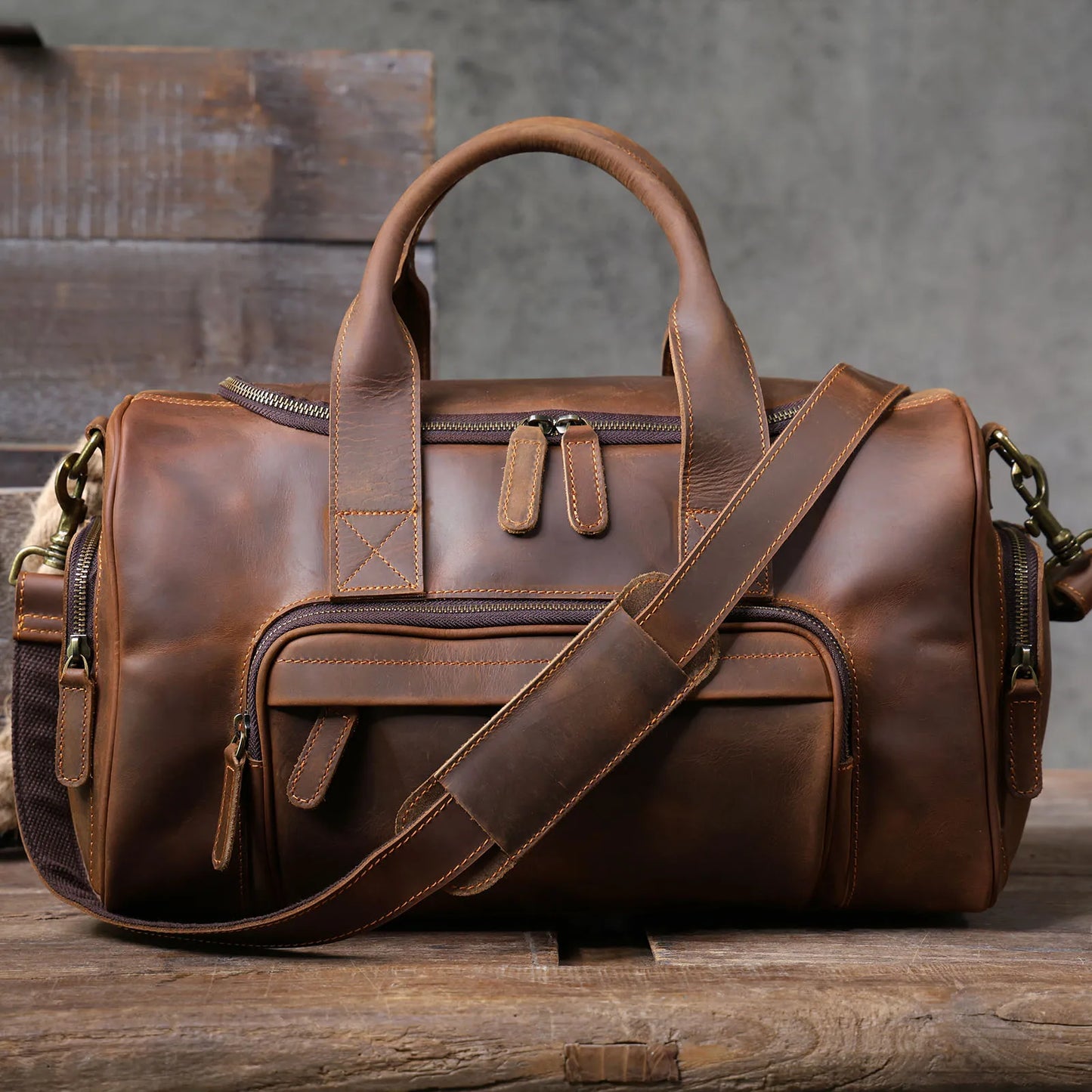 S.WORKER Vintage Genuine Leather Travel Bag Crazy Horse Cowhide Leather Duffel Bag Men's Weekender Bag Gym Bag Carry on Luggage
