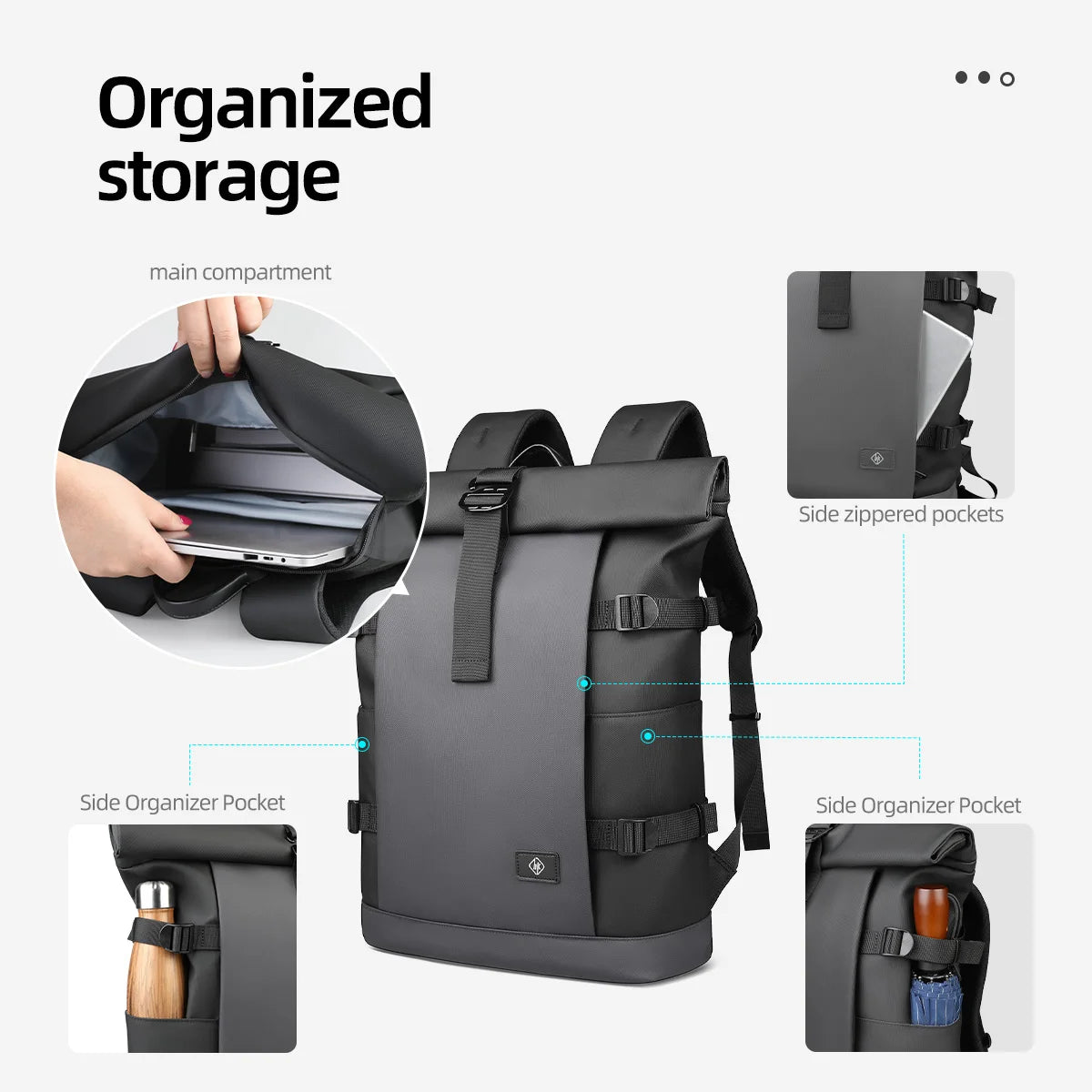 HK Waterproof Roll-Top Backpack for Men Large Capacity Expandable 17 Inch Laptop Bag Leisure Travel Backpack Hiking Camping Bags