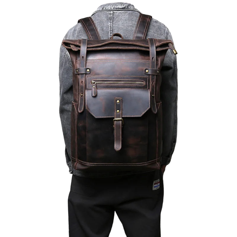 NZPJ Vintage Genuine Leather Men's Backpack Crazy Horse Leather Computer Bag Natural Top layer Cowhide Backpack Travel Bag