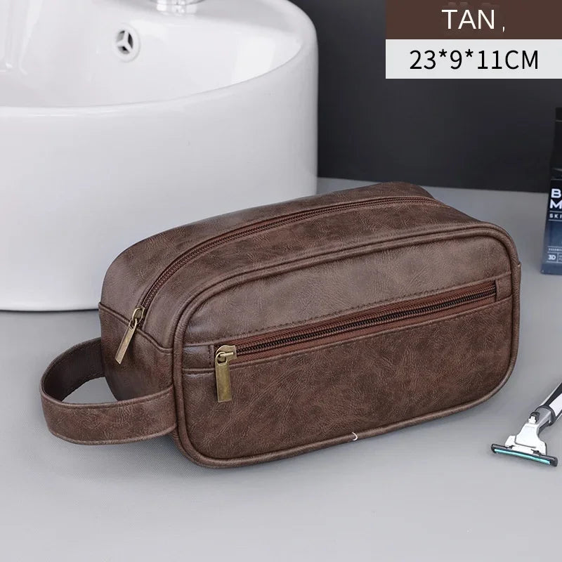 Men Leather Wash Bag Travel Business Trips Portable Cosmetic Bag Large Capacity Multi Pocket Design Handheld Leather Wash Bag