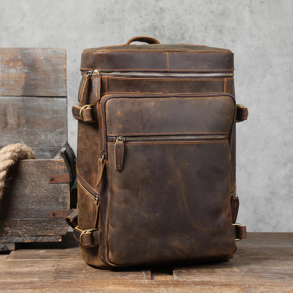 Vintage Genuine Leather Backpack Laptop Bag Crazy-horse Leather School Bag Outdoor Travel Weekender Shoulder Bag