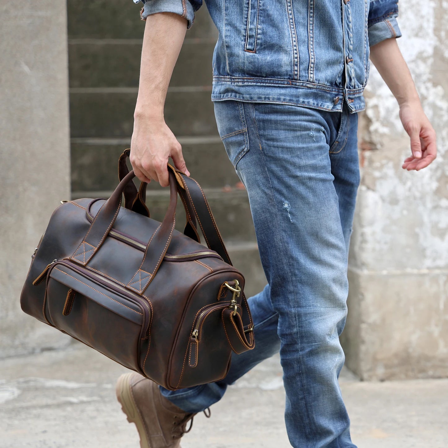 S.WORKER Vintage Genuine Leather Travel Bag Crazy Horse Cowhide Leather Duffel Bag Men's Weekender Bag Gym Bag Carry on Luggage