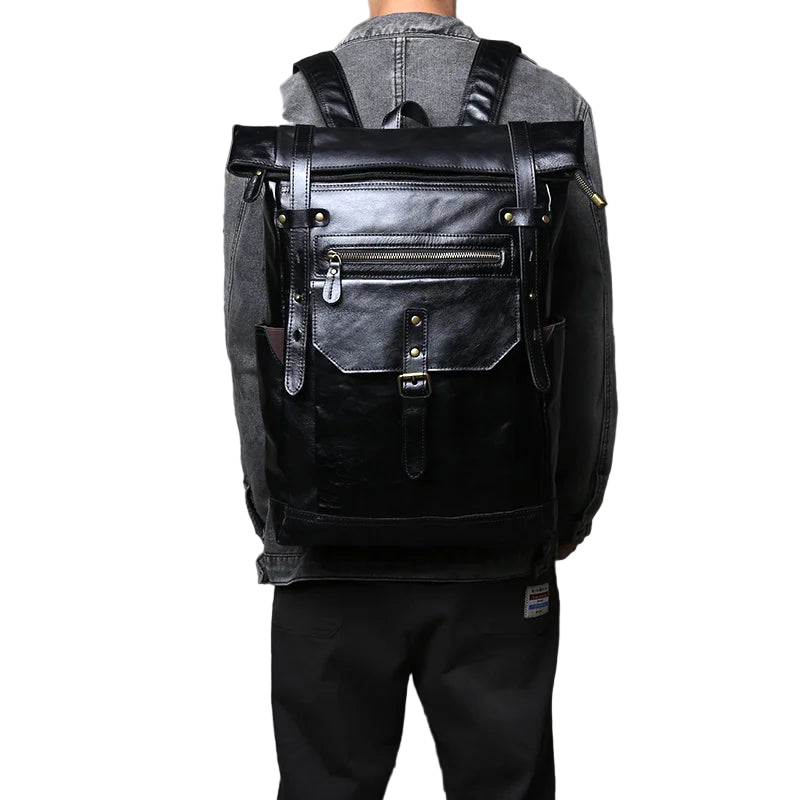 NZPJ Vintage Genuine Leather Men's Backpack Crazy Horse Leather Computer Bag Natural Top layer Cowhide Backpack Travel Bag