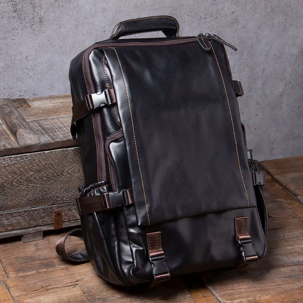 S.WORKER Casual Genuine Leather Men's Backpack Large Capacity 15" Laptop Travel Bag Cowhide School Bag Fashion Weekender Bag