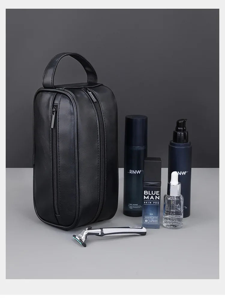 Men Leather Wash Bag Travel Business Trips Portable Cosmetic Bag Large Capacity Multi Pocket Design Handheld Leather Wash Bag