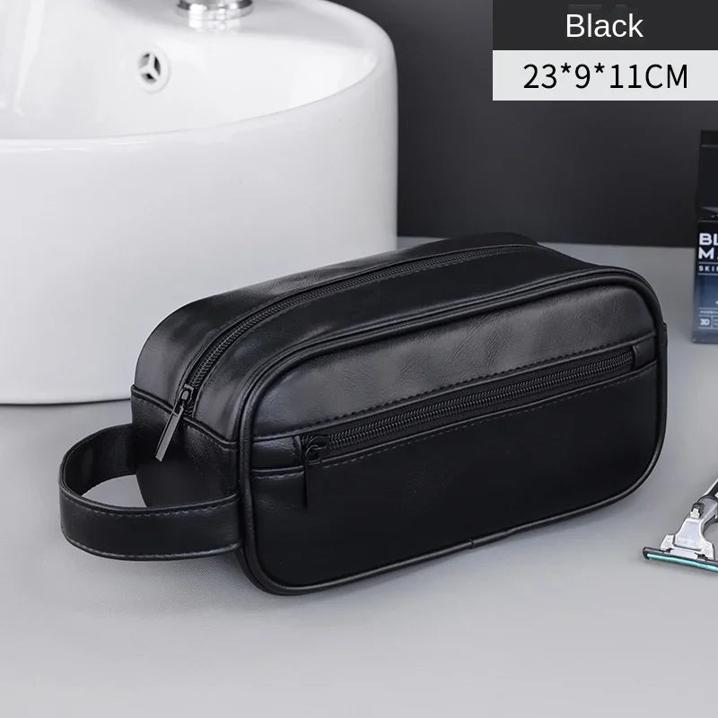 Men Leather Wash Bag Travel Business Trips Portable Cosmetic Bag Large Capacity Multi Pocket Design Handheld Leather Wash Bag