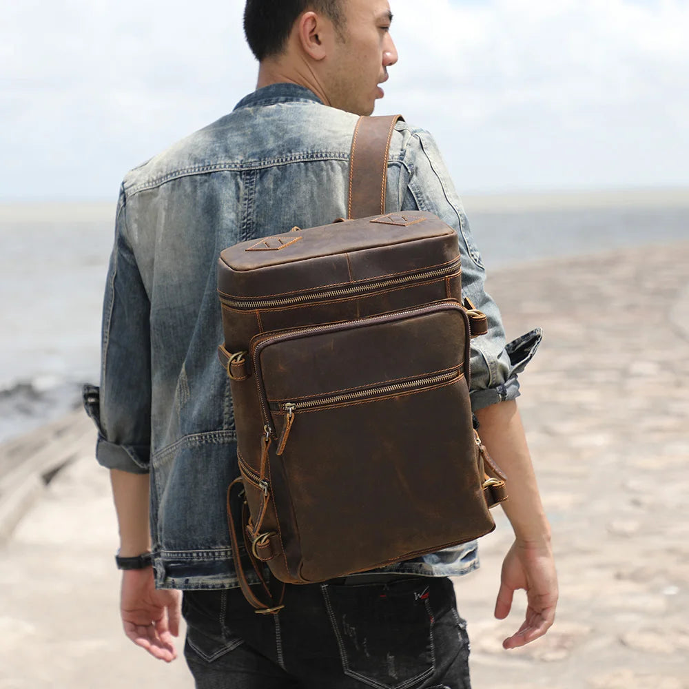Vintage Genuine Leather Backpack Laptop Bag Crazy-horse Leather School Bag Outdoor Travel Weekender Shoulder Bag