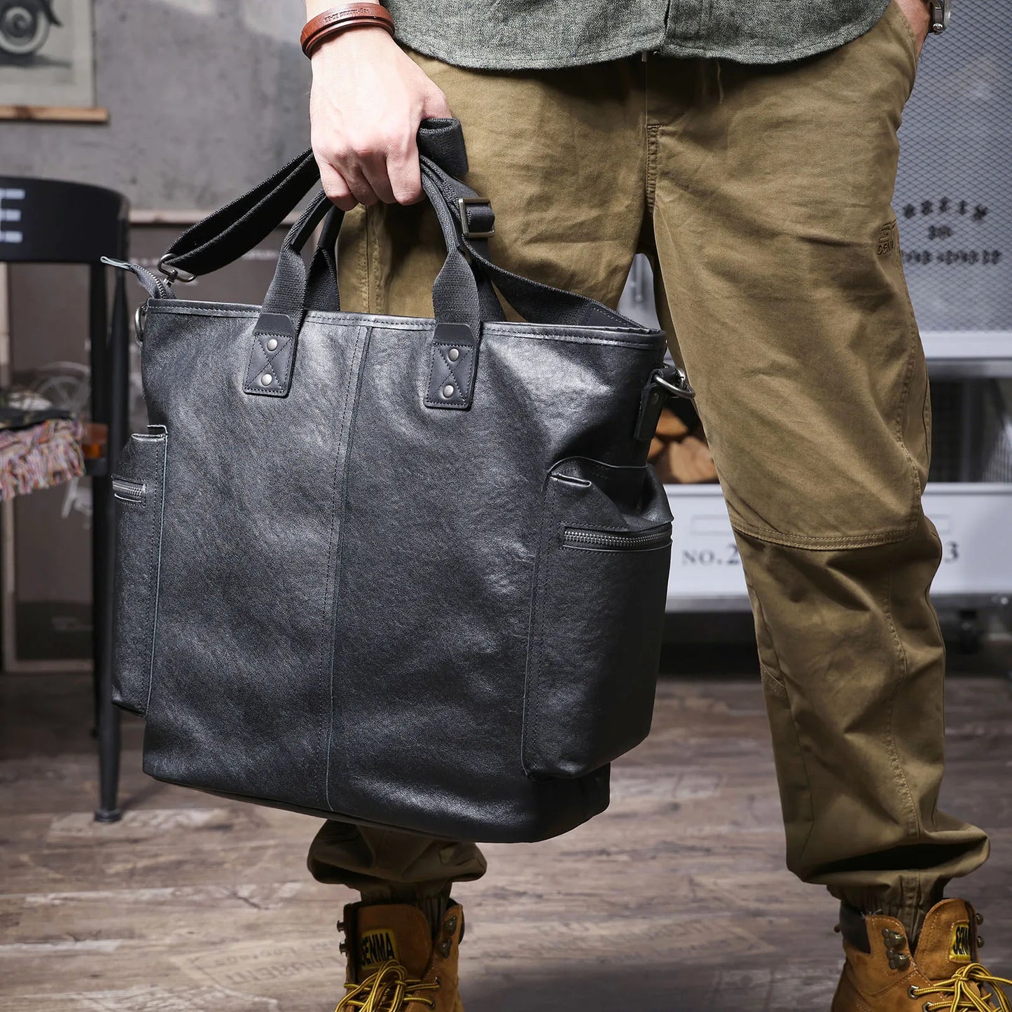 Genuine Leather Men's Brifecase 15 Inch Laptop Bags Simple Cowhide HandBag Vegetable-tanned Leather Fashion Casual Style