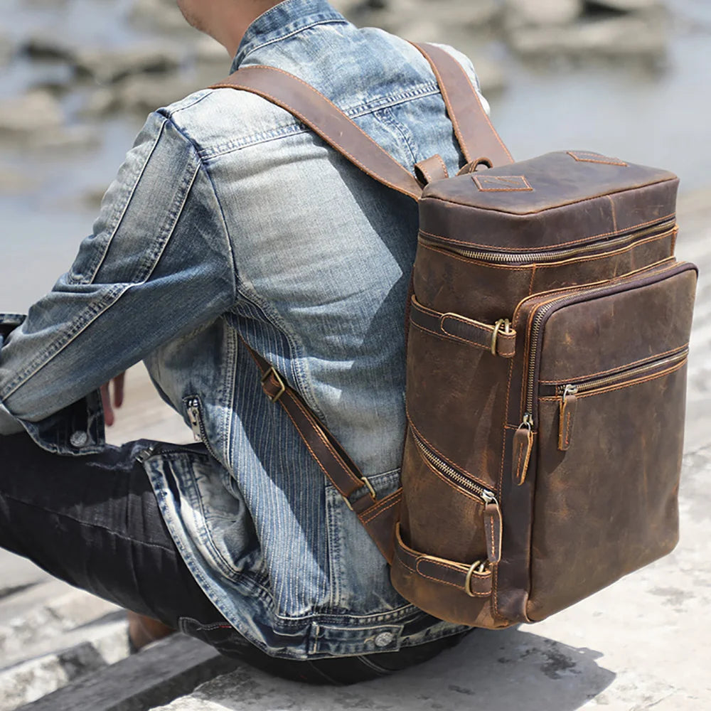 Vintage Genuine Leather Backpack Laptop Bag Crazy-horse Leather School Bag Outdoor Travel Weekender Shoulder Bag