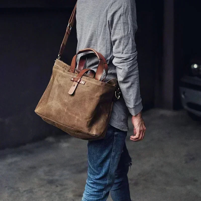 Thickened First-layer Cowhide Waterproof Waxed Canvas Men's Briefcase Retro Men's Bag Shoulder Crossbody Messenger Bag