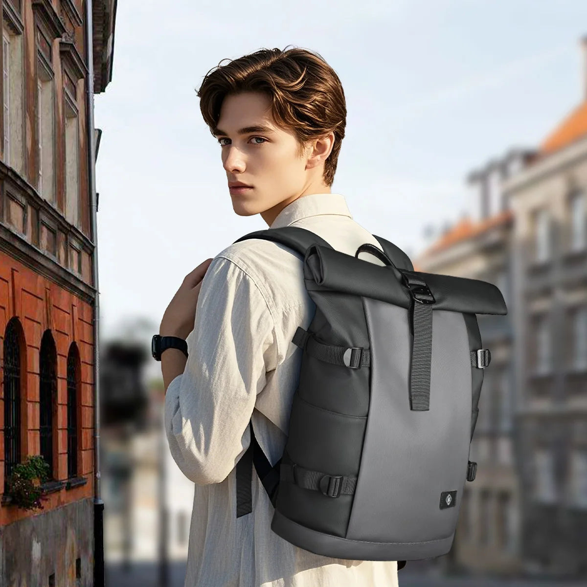 HK Waterproof Roll-Top Backpack for Men Large Capacity Expandable 17 Inch Laptop Bag Leisure Travel Backpack Hiking Camping Bags