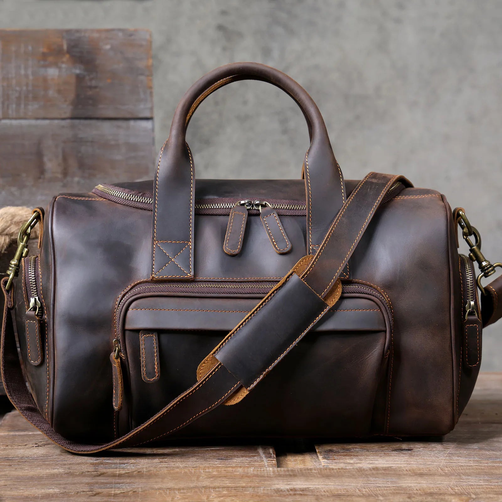 S.WORKER Vintage Genuine Leather Travel Bag  Crazy Horse Cowhide Leather Duffel Bag Men's Weekender Bag Gym Bag Carry on Luggage