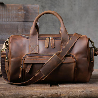 S.WORKER Vintage Genuine Leather Travel Bag  Crazy Horse Cowhide Leather Duffel Bag Men's Weekender Bag Gym Bag Carry on Luggage