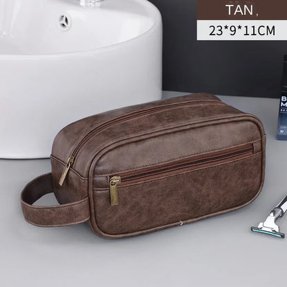 Men Leather Wash Bag Travel Business Trips Portable Cosmetic Bag Large Capacity Multi Pocket Design Handheld Leather Wash Bag