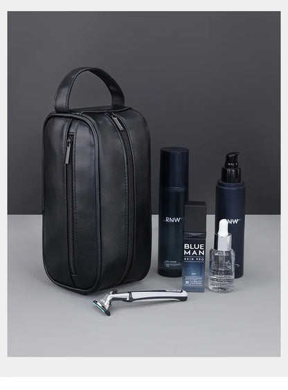 Men Leather Wash Bag Travel Business Trips Portable Cosmetic Bag Large Capacity Multi Pocket Design Handheld Leather Wash Bag